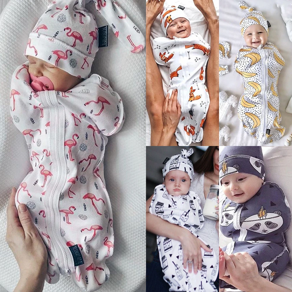 Новое модное хлопковое милое Пеленальное Одеяло с принтом для новорожденных спальный мешок на молнии для маленьких мальчиков и девочек, комплект из 2 предметов, Размер 0-6 месяцев