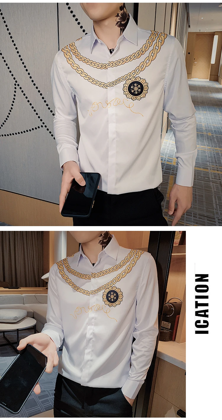 Gold Print Luxury Men Shirt Casual Slim Fit Long Sleeve Male Dress Shirts Club Work Vintage Tuxedo Shirt Camisa Social Masculina