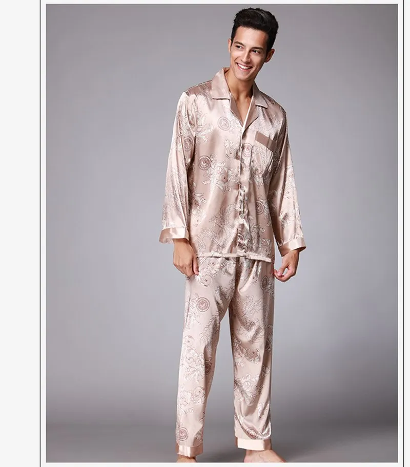 SAMWESTART Men's Stain Silk Pajamas Sets Atumn Winter Male Pajamas Silk Sleepwear Men Sexy Modern Cardigan Style Soft Nightwear SAMWESTART Men's Stain Silk Pajamas Sets Atumn Winter Male Pajamas Silk Sleepwear Men Sexy Modern Cardigan Style Soft Nightwear