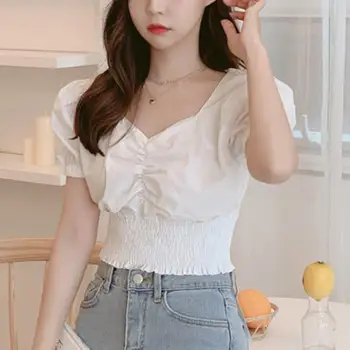 

Chic Puff Sleeve Crop Shirt for Women V-Neck Solid Color Short Sleeve Blouse Tops Fashion Ladies Summer Shirt #20
