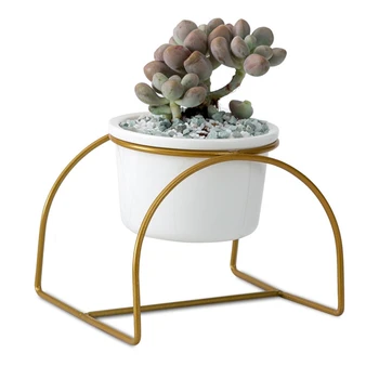 

Nordic Home Simple Iron Ceramic Small Round Pot Arched Iron Frame Succulent Ceramic Flower Pot Ins Iron Set