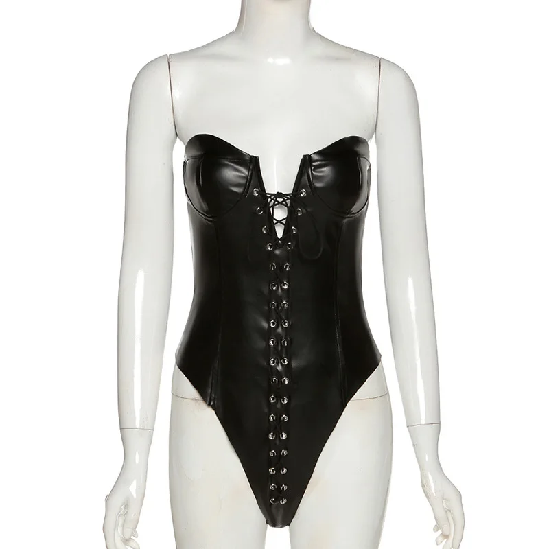 BKLD 2023 Autumn And Winter Clothing New Fashion Backless Sexy Strapless Lace Up Slim PU Faux Leather Bodysuit Women Clubwear