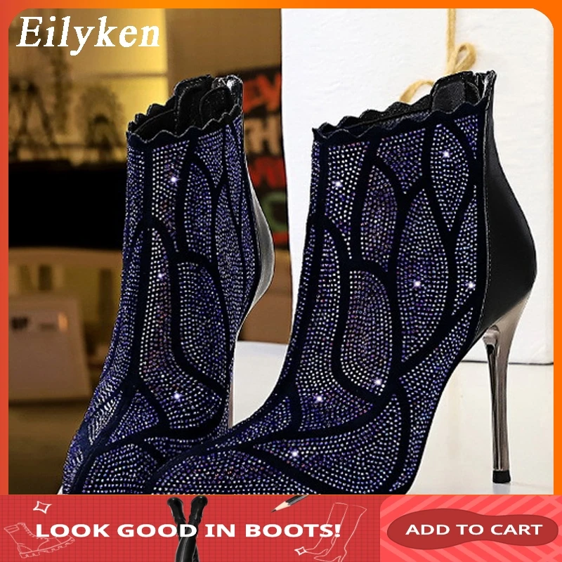 

Eilyken Fashion Crystal Ankle Zipper Boots Women High Heels Female Booties Ladies Pointed Toe Party Black Shoes Winter 2020 New