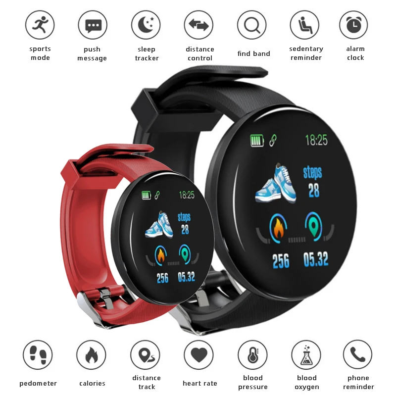 

D18 Bluetooth Smart Watch Blood Pressure Sports Smartwatch Smart Wristband Tracker Pedometer 116 Plus Android IOS Smart Watches