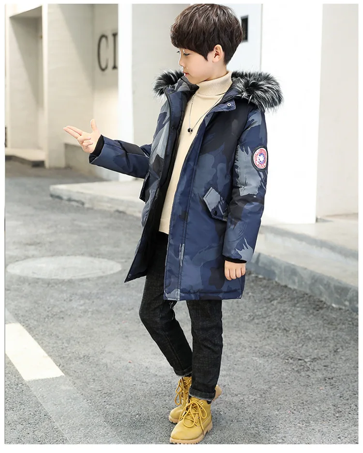 Пуховик для мальчиков, зимние куртки, плотные пальто с капюшоном, повседневные теплые пуховые хлопковые парки, Детская уличная камуфляжная одежда