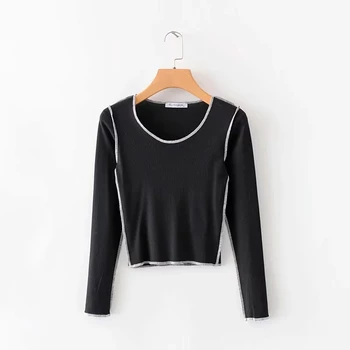 

European and American style 2019 autumn new women's fashion versatile slim short long sleeve knitting open line bottoming shirt