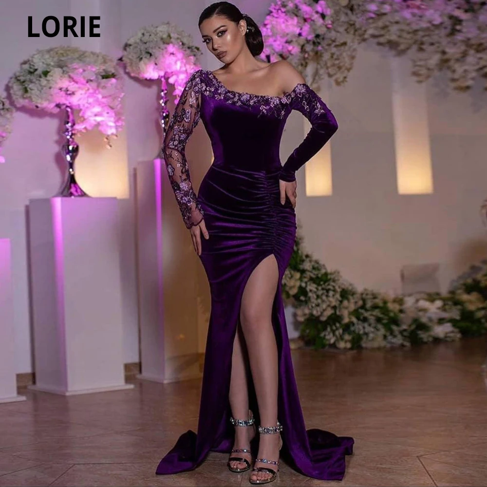 

LORIE фиолетовые Вечерние платья с юбкой-годе на одно плечо с длинным рукавом с разрезом сбоку платья для выпускного вечера со шлейфом строгий наряд с аппликацией