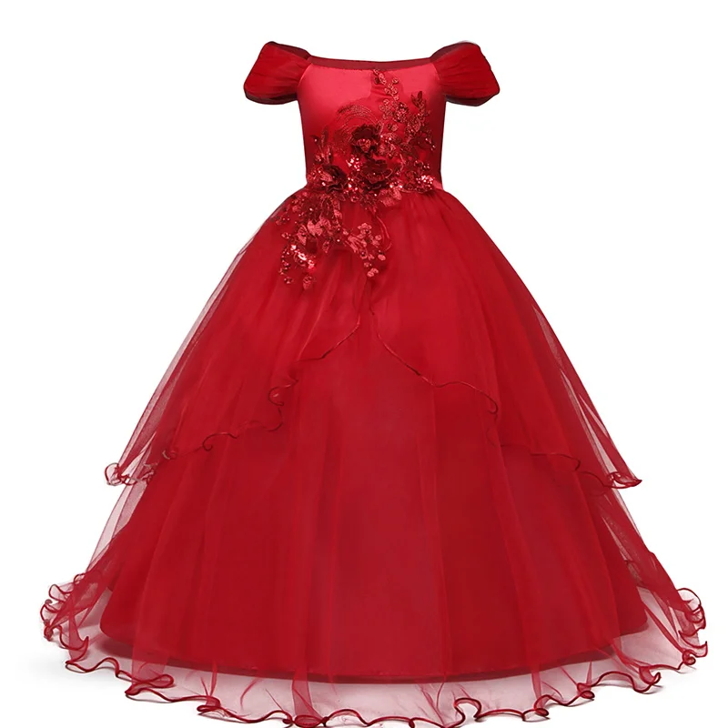 Kid Dresses for Girls Wedding Elegant Flower Princess Formal Long Gown Baby Girl Christmas Dress Vestido Infantil 6 12 14 Years - Цвет: Red