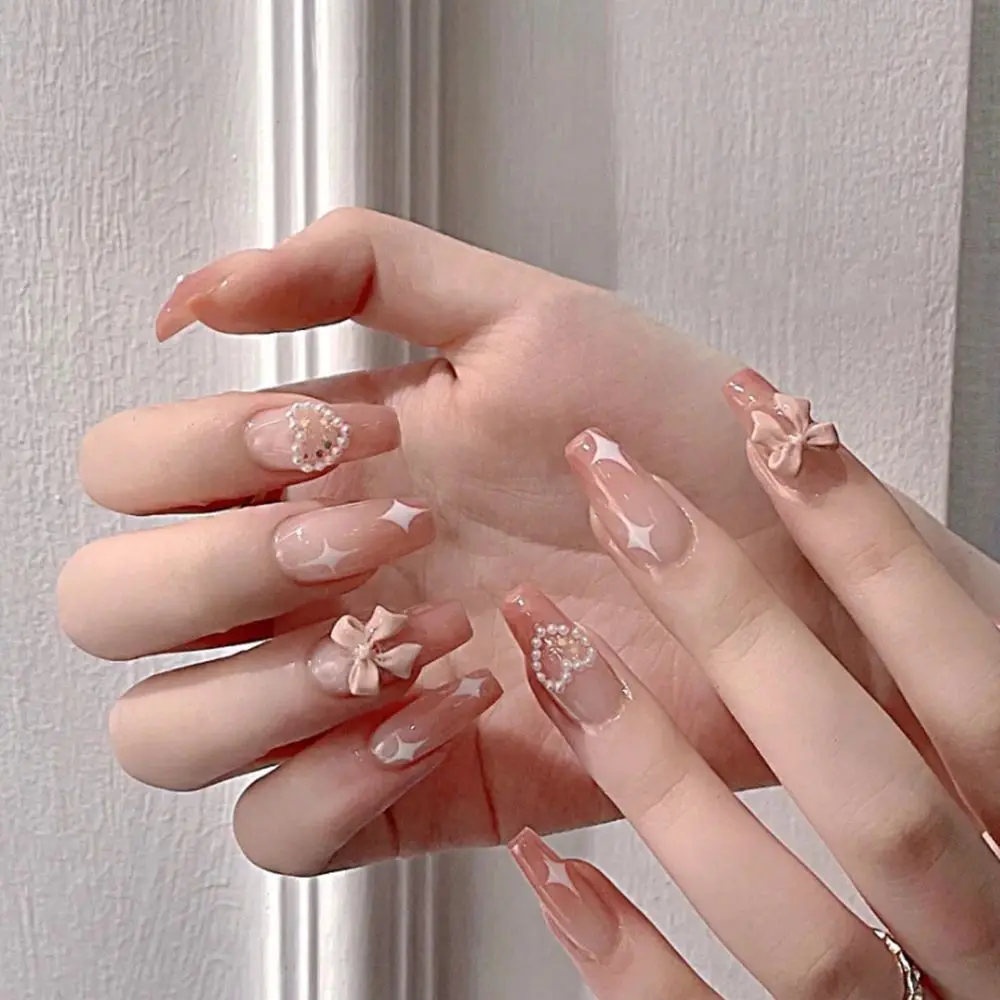 24Pcs French Coffin Pearl Bow False Nails Artificial Ballerina Fake Full Cover Nail Tips Press On With Glue | Красота и здоровье