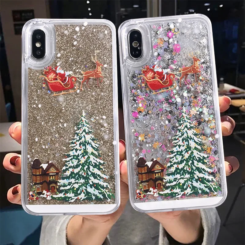Блестящий Рождественский Жидкий чехол для телефона с зыбучим песком iPhone 12 11Pro Max 8