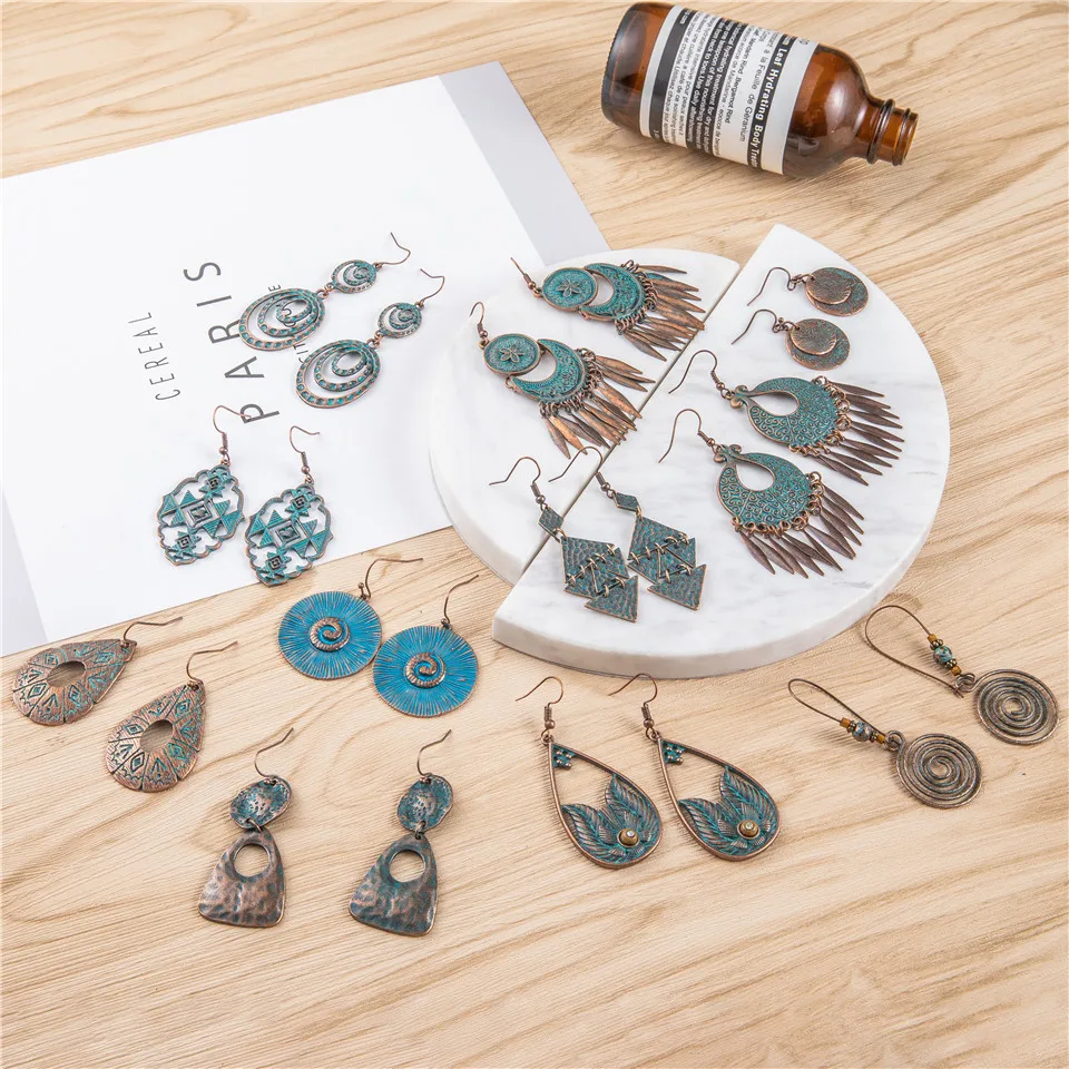 24 Стили Древний Красный Медный Цвет Богемной Филигранной Серьги Boho Старинные Этнические Полые Геометрические Серьги для женщин Ювелирные Изделия
