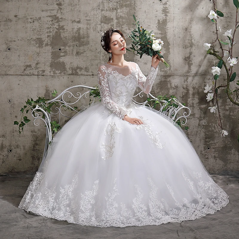 Flower Wedding Dress 2020 New Style Bride Plus Size Flower Wedding Dresses Dreamy Full-sleeve Bridal Lace Up Dresses Ball Gowns