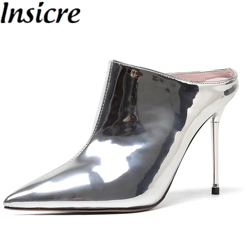 

Insicre Patent Leather Mules Pointed Toe 2021 Summer Thin High Heel Shoes Shallow Big Size 46 Handmade Women Pumps Silver