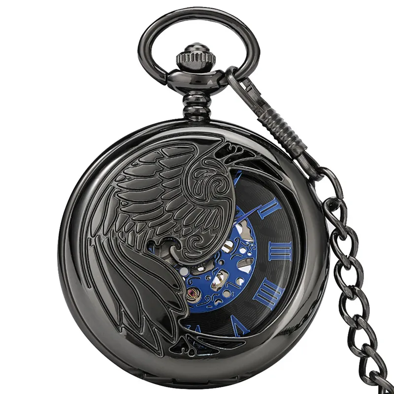 Antique Hollow Peacock Case Blue Roman Number Skeleton Handwinding Mechanical Pocket Watch Chain Gift for Men Women reloj