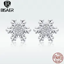 BISAER, серьги-гвоздики для женщин, 925 пробы, серебро, зима, Элиза, снежинка, ледяная королева, серьги-гвоздики для девочек, ювелирное изделие, подарок HVE009