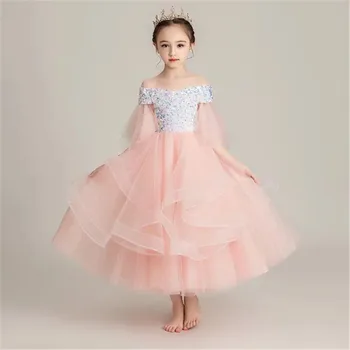 

3~14Yrs Children Girls Luxury Shoulderless Pink Color Sequined Birthday Wedding Party Prom Dress Model shows Piano Host Dress