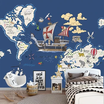 

Custom Photo Wallpaper 3D Cartoon Children Map Sailboat Mural Kid's Bedroom Background Wall Decor PVC Waterproof Wal Stickers 3D
