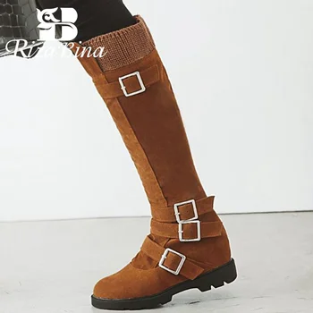 

RIZABINA 4 Color Woman Knee High Boots Zipper Solid Color Round Toe Buckle Long Boots Winter Warm Women Footwear Size 34-43