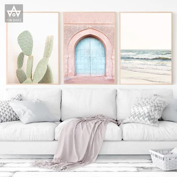 

Vintage Pink Rug Art Prints Boho Wall Decor Eclectic Poster Ancient Gate Morocco Door Art Catus Canvas Painting Artwork Pictures