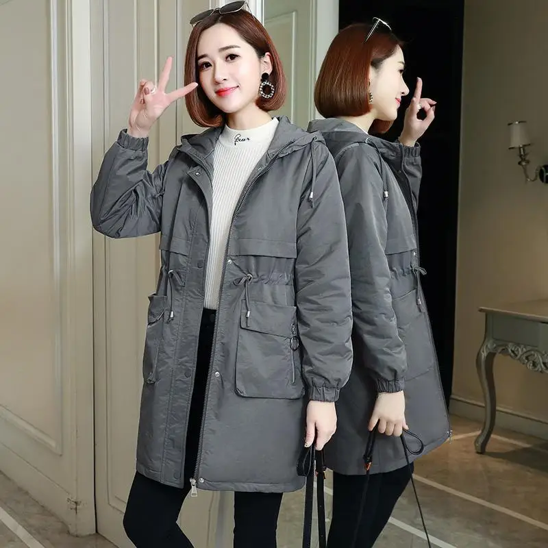 

Mid-Length Windbreaker Overcoat 2022 Spring Autumn 4XL Trench Coat Temperament Waist Khaki Black Hooded Outwear Female Coat