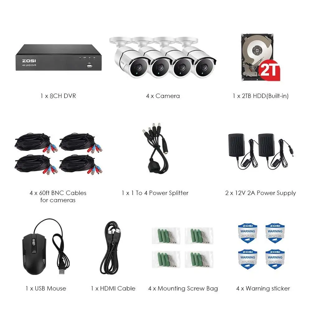 ZOSI 4K Super HD система видеонаблюдения 8 каналов H.265+ DVR с 2 ТБ HDD и 4x4 K(8MP) Ip67 пулевидная камера с защитой от атмосферных воздействий