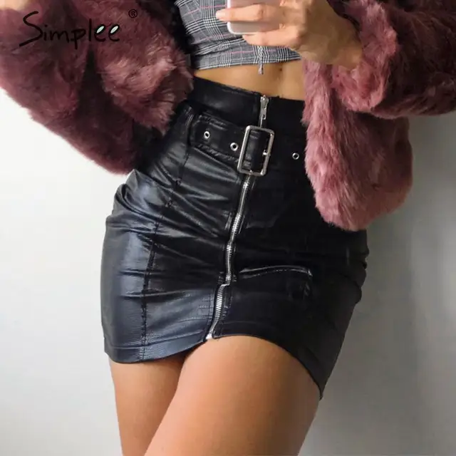 US $18.59 Simplee Sash zipper high waist short skirt Sexy black PU leather pencil mini skirts Autumn winter p