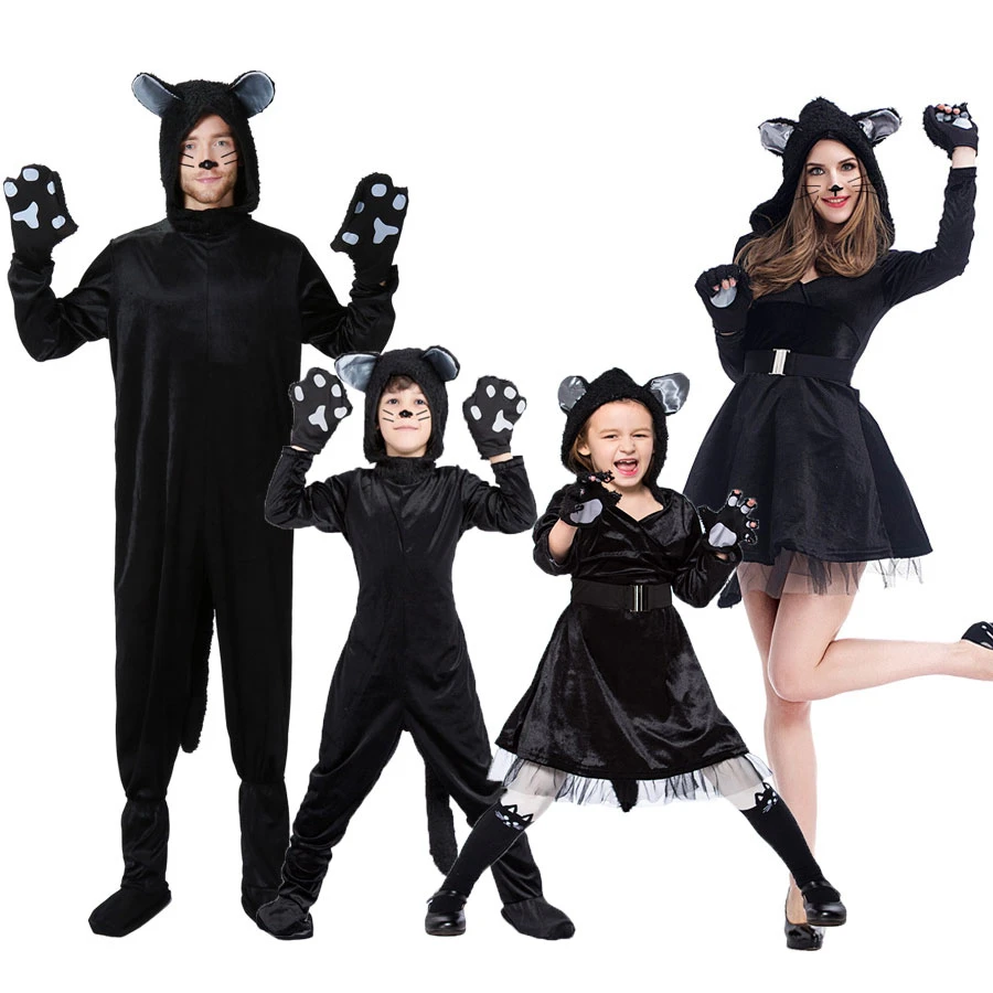 Umorden Disfraz de gato negro para adultos y niños, traje de fiesta de Halloween, Purim, a juego familiar, Cosplay, vestido elegante| | - AliExpress