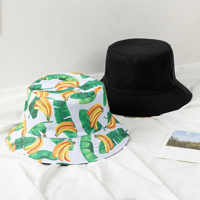 Hot Sale Unisex Bucket Hats Summer Double-sided Wear Fruit Printing Women Cap Outdoor Sun Hat Men Classic Panama Bucket Hat