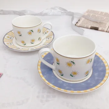 

French INS Retro Small Wrinkle Chrysanthemum Creative Ceramics Coffee Cup & Saucer Set Afternoon Tea Milk Tea Office Scented Tea