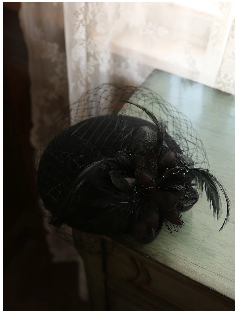 Fashion Women Wedding Hat Flower Black Bridal Party Hair Wear With Comb Pearl Beaded Fascinators