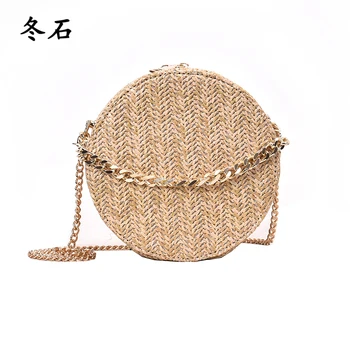 

Hand-woven Round Woman's Shoulder Bag Handbag Bohemian Summer Straw Beach Bag Travel Shopping Female Tote Chain Bags