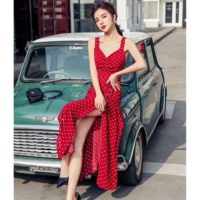 

QOERLIN Polka Dot Spaghetti Strap Red Women Sexy Side Split Backless Criss-Cross Party Club Dresses Zipper Fly High Waist Dress