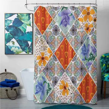 

Shower Curtains for Bathroom Sets Pink Country,Patchwork with Heart and Swirling Flower Pattern with Folkloric Feminine