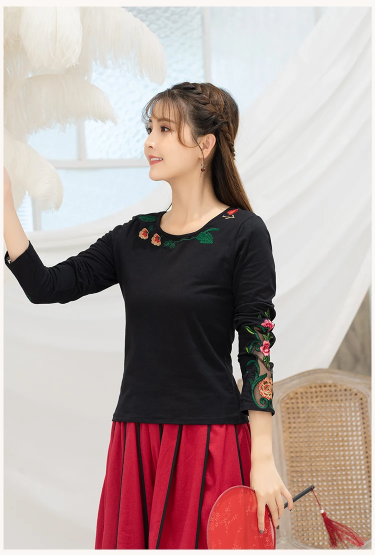 KYQIAO Этническая футболка Женская Осень Зима винтажный дизайн длинный рукав Зеленый Белый Черный Красный вышивка рубашка майка