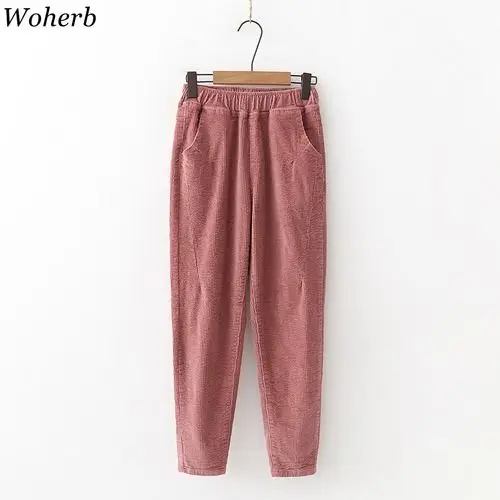 Woherb, осень, Новое поступление, однотонные свободные вельветовые штаны-шаровары с высокой талией размера плюс, женские брюки, корейская мода, уличная одежда 91306