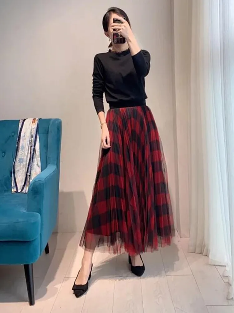 Клетчатая сетчатая юбка миди для женщин, винтажная элегантная женская плиссированная юбка до середины икры, дикая стильная