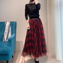 Красная клетчатая сетчатая юбка миди Женские винтажные элегантные женские до середины икры дикие стильные плиссированные длинные юбки для дам одежда
