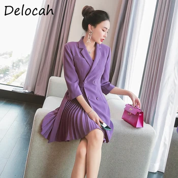 

Delocah Women Autumn Fashion Designer Party A-Line Dress Sashes Double Breasted Solid Printed Ladies Mini Dresses vestidos 2020