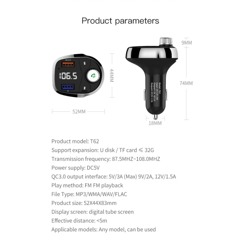 T62 Быстрая зарядка 3,0 автомобильный Bluetooth fm-передатчик два usb порта QC3.0 автомобильное зарядное устройство fm-модулятор MP3-плеер автомобильный Зажигалка Handfree