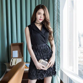 

High Quality OL Korean Summer Women Feathers Party Dress Vestidos Black Patchwork Office Work Mini Short Sheath Bodycon Dress