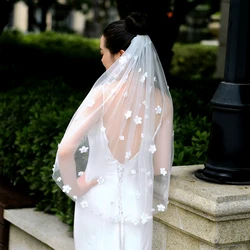 Handmade Soft 3D Floral Pearls Bridal Veils with Flowers Wedding Veils for Bride Veils Cover Front and Back Fingertip Veil