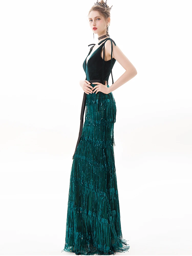 evening wear dresses wei yin AE0380 Long Evening Dress Green Sequins Tassel Fashion Spaghetti Strap Party Gowns Formal Zipper Long Prom Dresses blue ball gown