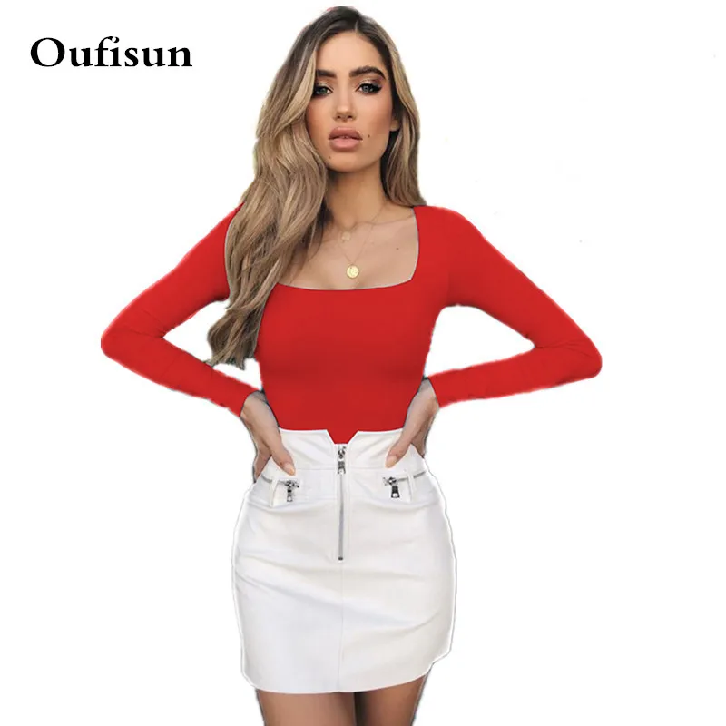 

Oufisun Long Sleeve Sexy Square Neck T-shirt 2019 New Long Sleeve Slim Autumn Spring Women's Solid T-shirt Bodycon Thin Tee Top