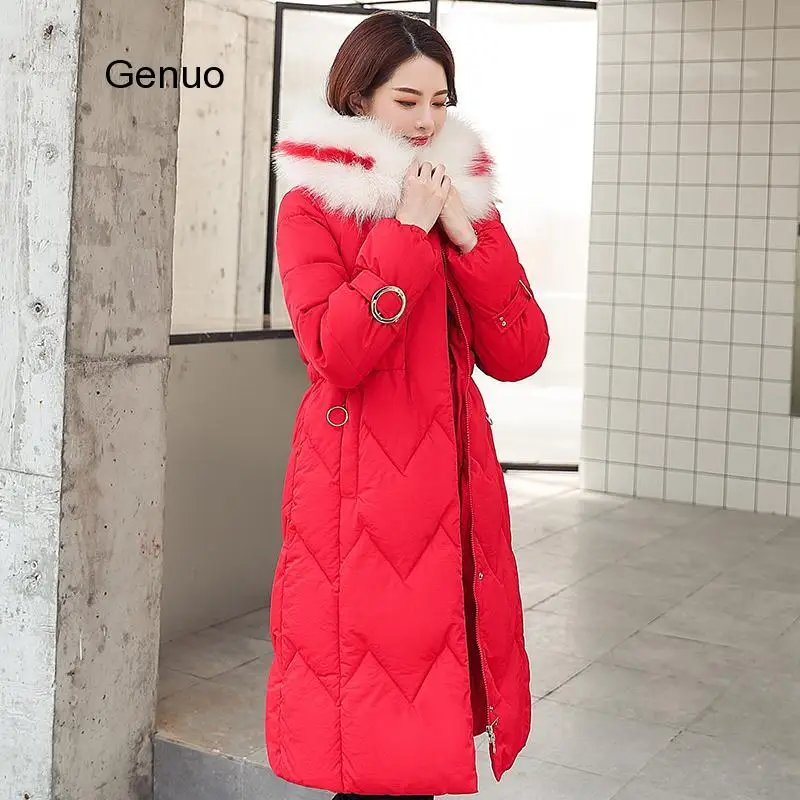 Women's Long Cotton Jacket With Big Fur Collar Overcoat Winter Clothes Korean Style Lace-up Slim-fitting Plus Cotton Jacket Wome