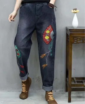 

Plus Size Jeans Woman Casual 2020 Spring Autumn Winter Elastic High Waist Jeans Embroidery Print Korean Fashion Jeans Femme New