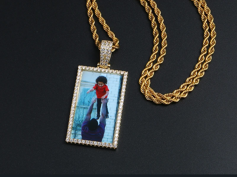 Rectangle Custom Made Photos Medallions Pendant Necklace With AAA Cubic Zircon Rope Cuban Tennis Chain Drop Shipping Gift Box