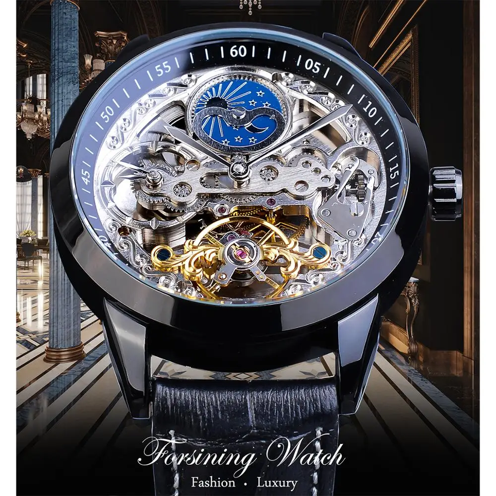Forsining Fashion Skeletion Mechanical Mens Watches Genuine Leather Moon Phase Automatic Waterproof Tourbillon Classic Man Clock