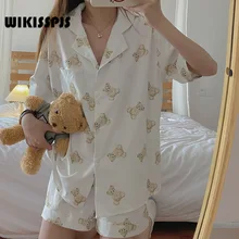 

WIKISSPJS Pajamas Women's Cute Sleeve Shorts Kawaii Two Piece Set Summer Loungewear Sleep Tops Bear Cub Cartoon Pjs JP(Origin)