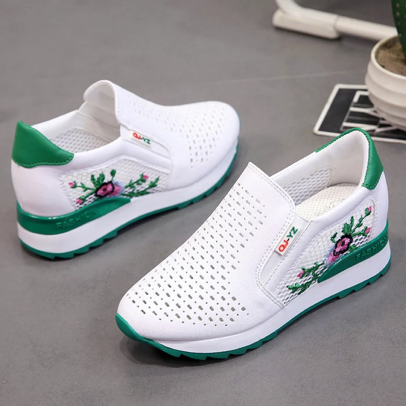 

Women Casual Shoes Summer Spring Slip on Loafers Flower Mixed Colors Hollow Out Increasing Internal Height White Sneakers 35-40