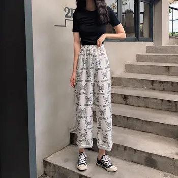 

Women Pants Elastic Waist Full Length Straight Trousers Butterfly Printed Pants Streetwear Casual Loose Pants